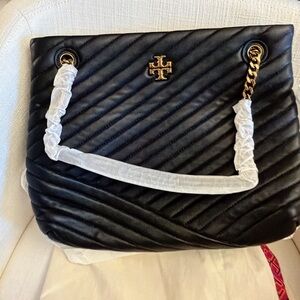 Tory Burch Black Quilted Leather Shoulder Bag with Gold Chain